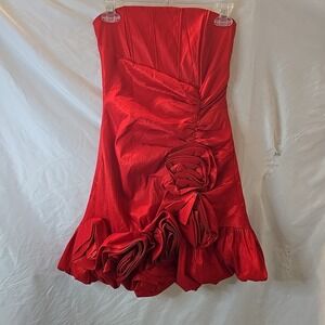 Daisy Strapless Sleeveless Mini Dress Shiny Red Floral Ruffle Sz S Prom Formal